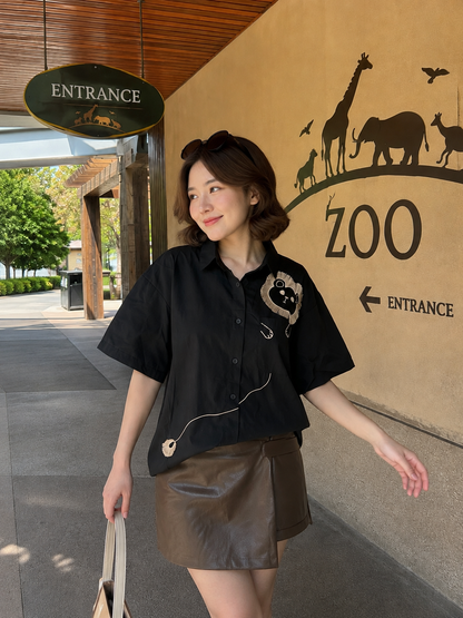 Lion Embroidery Shirt - Black