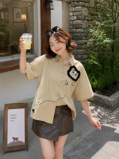 Lion Embroidery Shirt - Tea