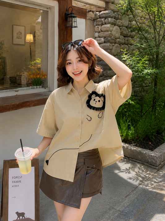 Lion Embroidery Shirt - Tea