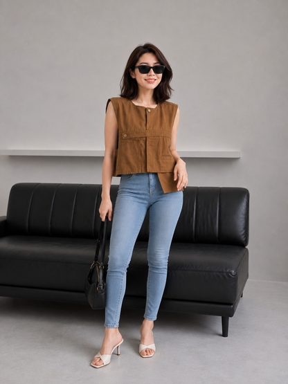 Christa Button Vest - Coffee