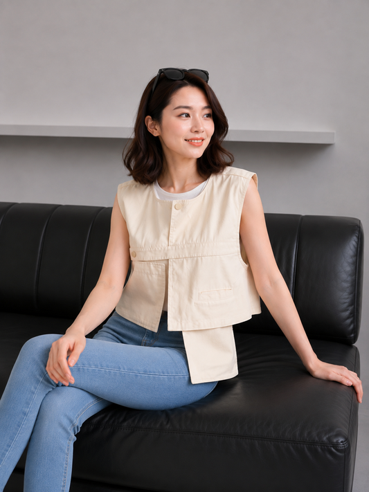 Christa Button Vest - Cream