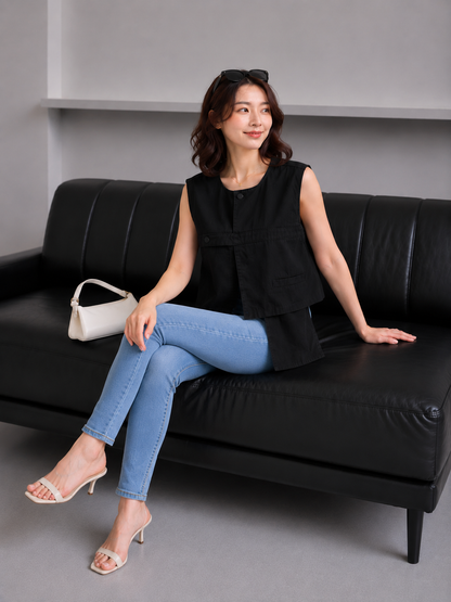 Christa Button Vest - Black