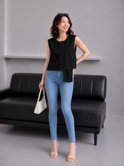 Christa Button Vest - Black