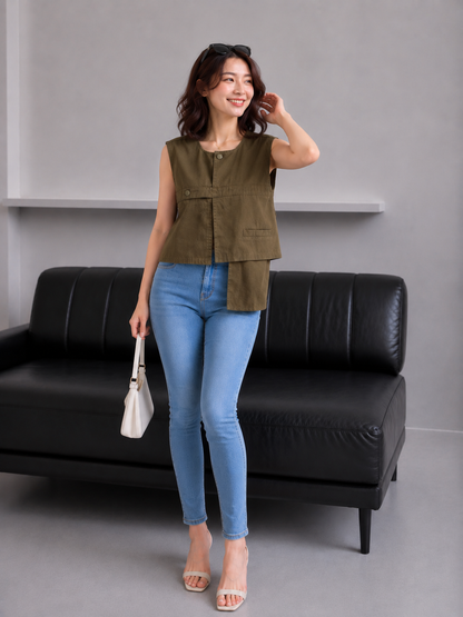 Christa Button Vest - Army