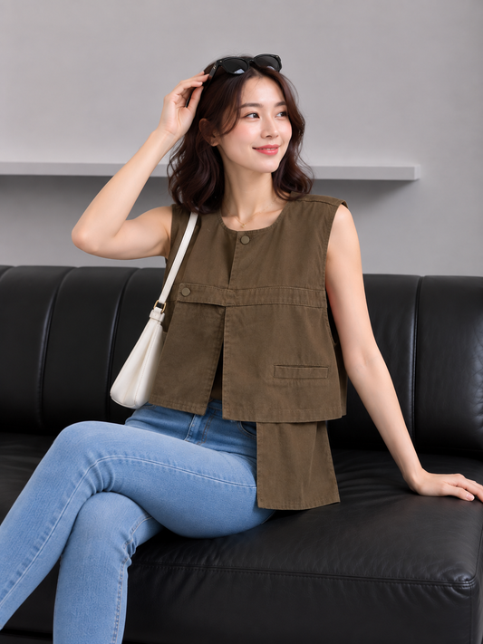 Christa Button Vest - Army