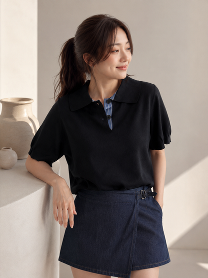 Hervia Double Button Knit Top - Black