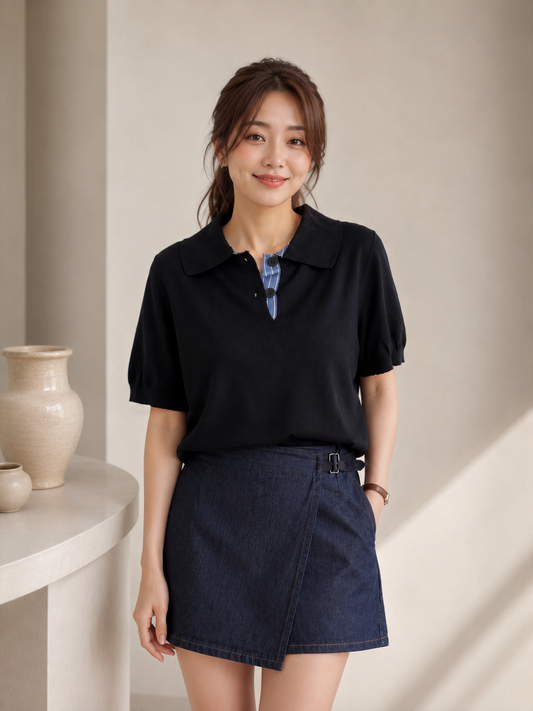 Hervia Double Button Knit Top - Black