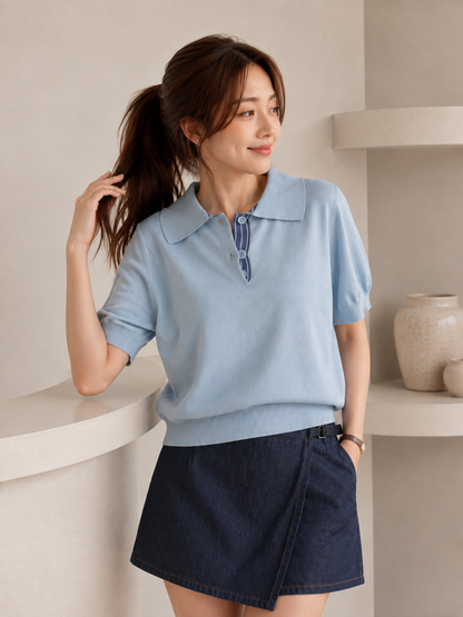 Hervia Double Button Knit Top - Blue