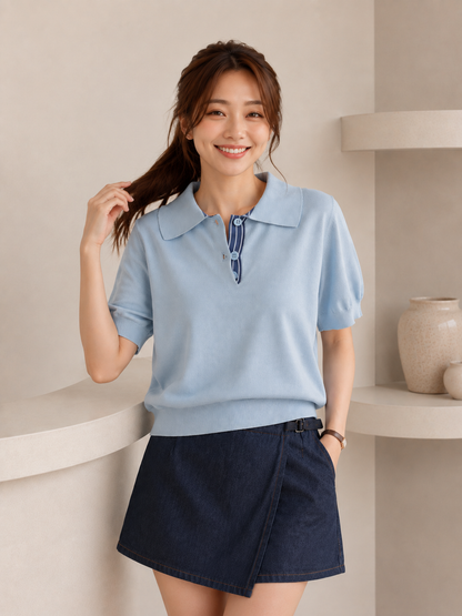 Hervia Double Button Knit Top - Blue