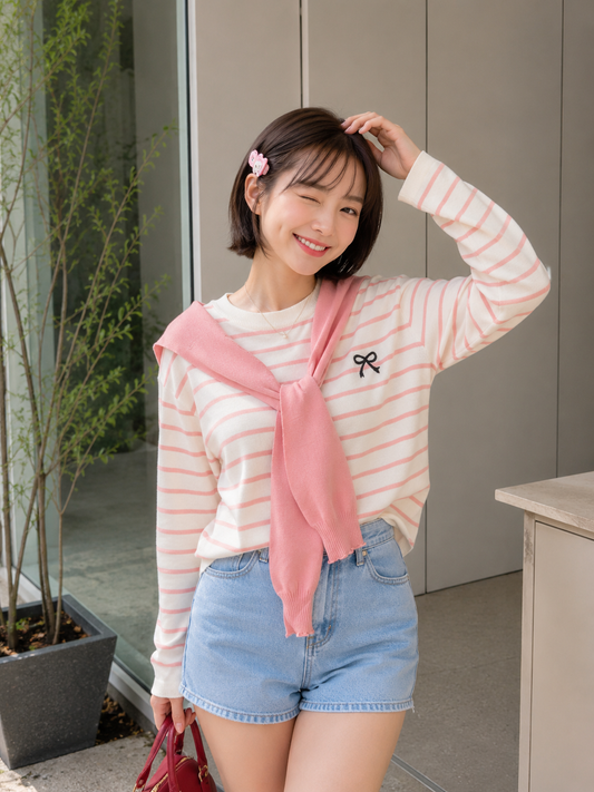 Genevi Scarf Stripes Top - Pink