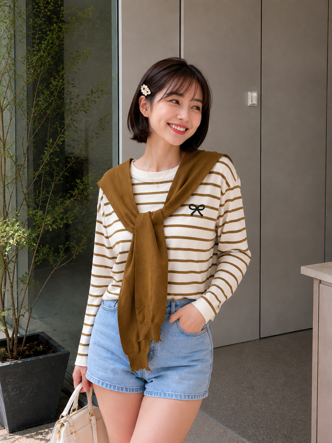 Genevi Scarf Stripes Top - Olive