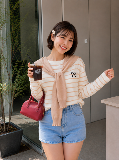 Genevi Scarf Stripes Top - Khaki