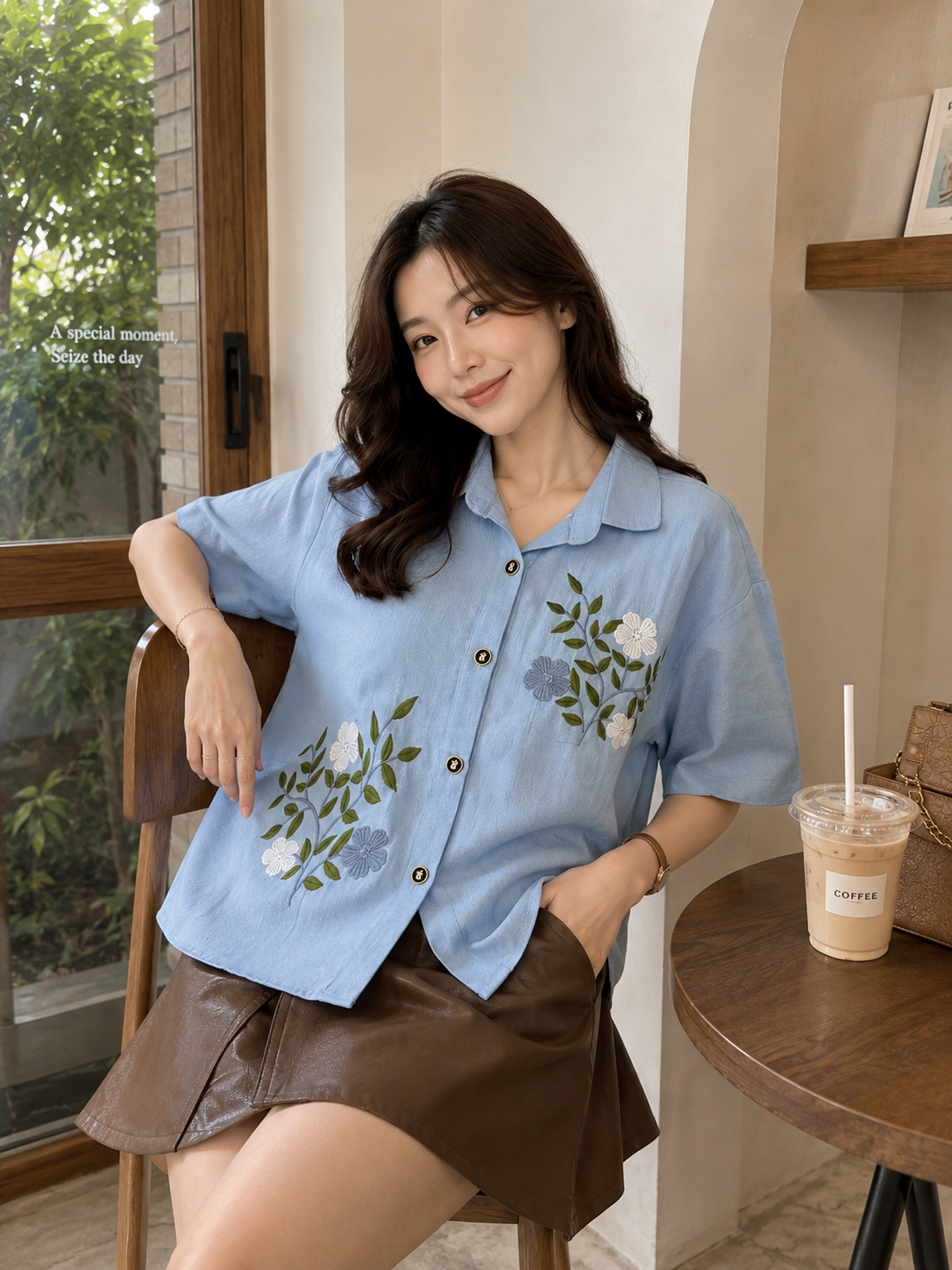 Bloom Button Cotton Shirt - Blue