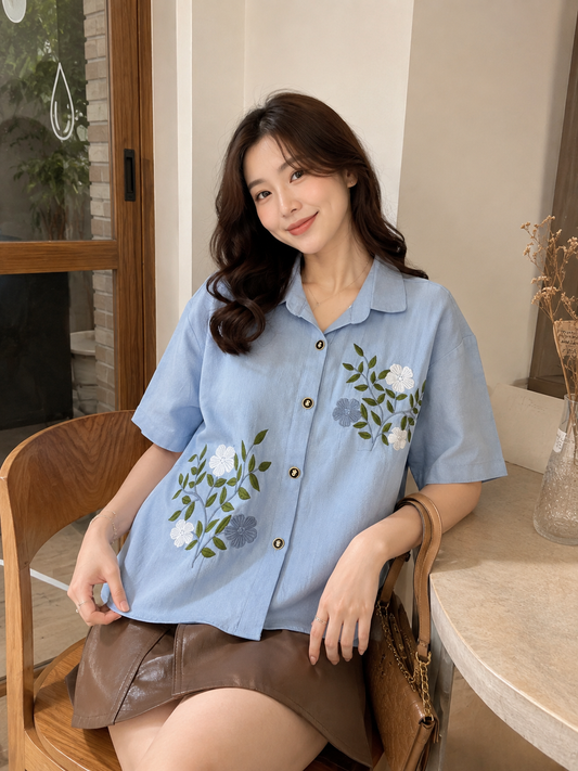 Bloom Button Cotton Shirt - Blue