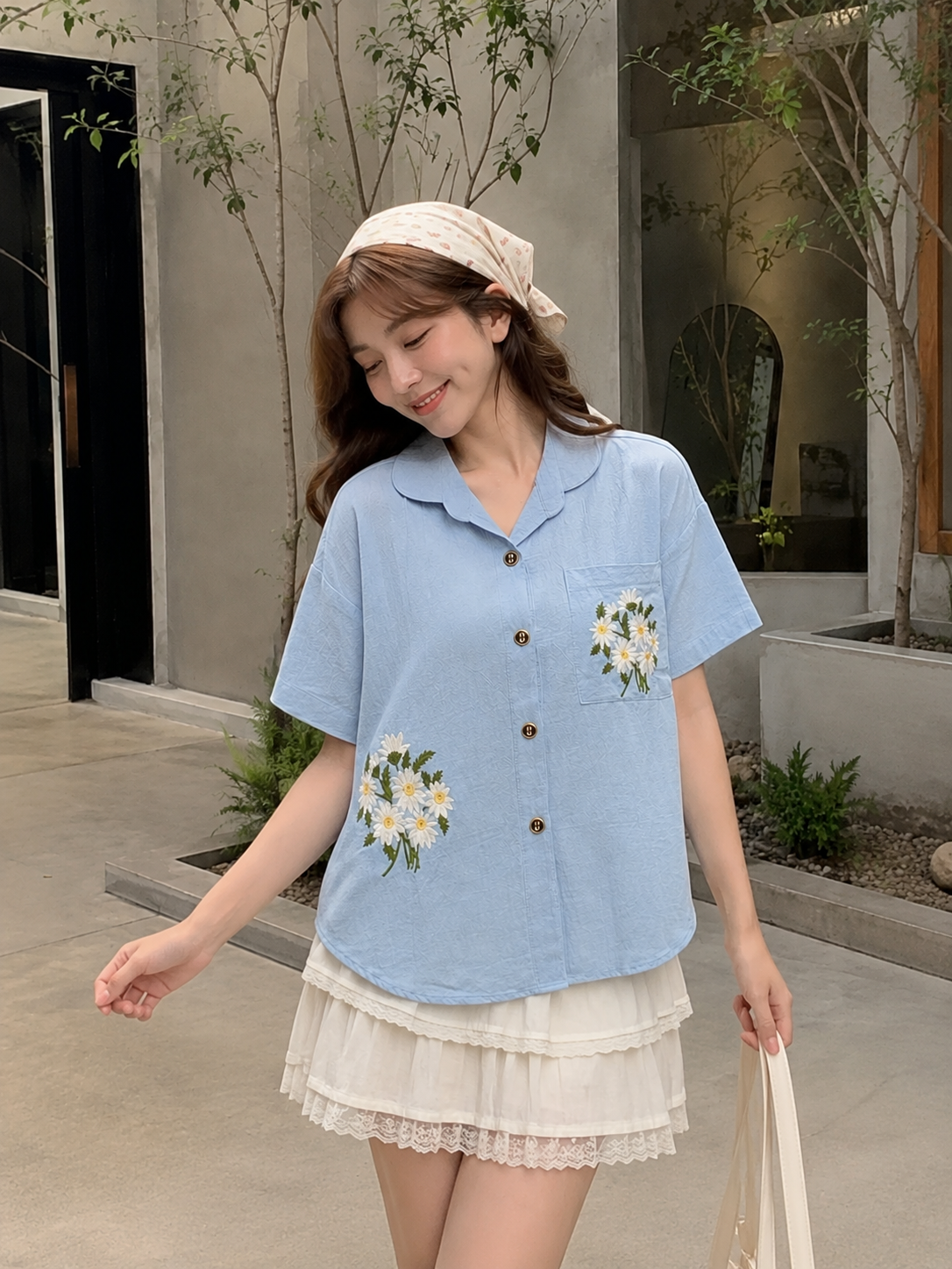 Jeska Flower Cotton Shirt - Blue