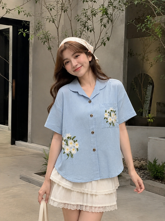 Jeska Flower Cotton Shirt - Blue