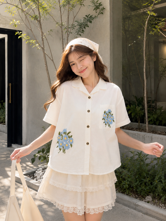 Jeska Flower Cotton Shirt - White