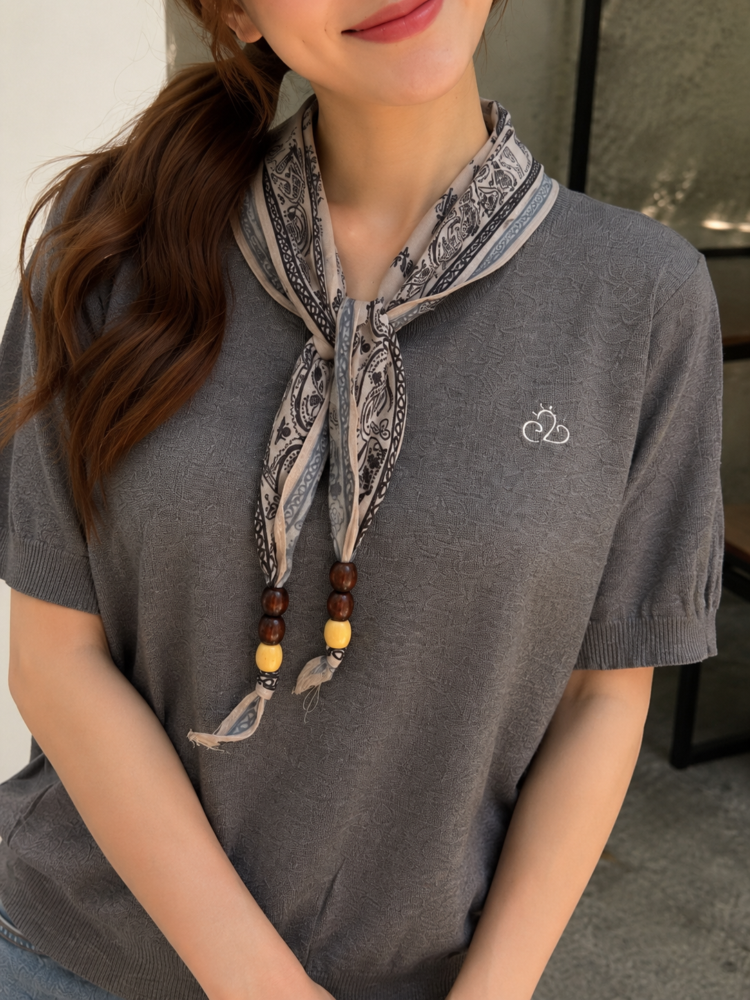Libra Scarf Knit Top - Grey