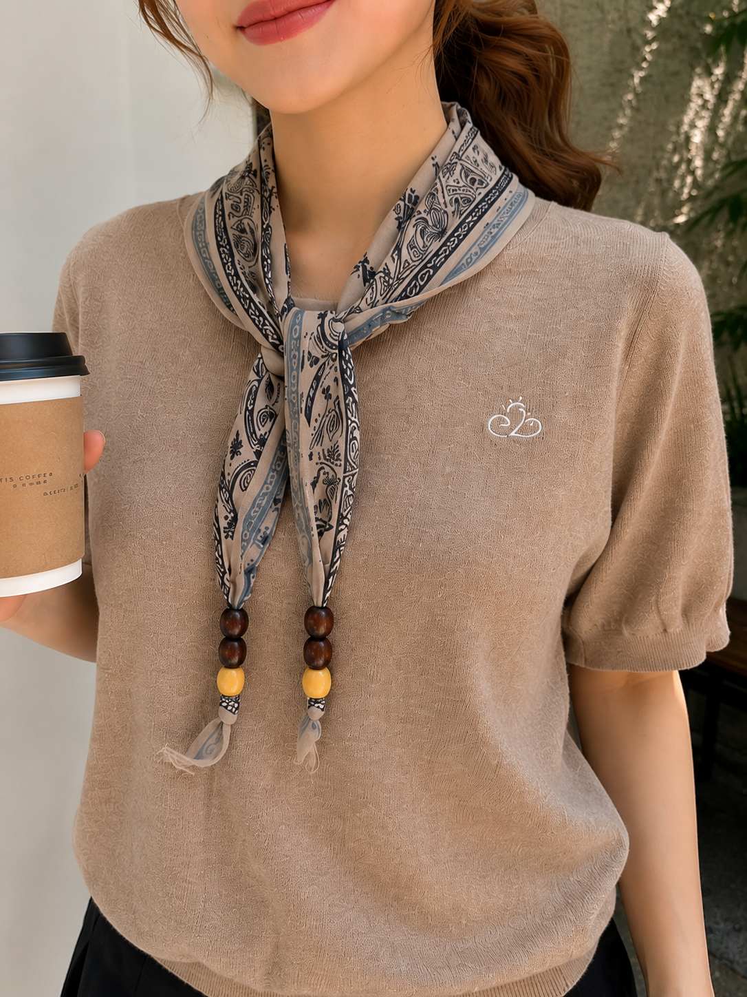 Libra Scarf Knit Top - Khaki