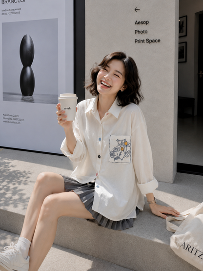 Triya Pocket Cotton Longsleeve - White
