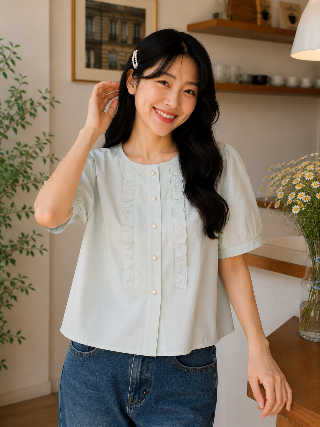 Sada Ruffle Cotton Blouse - Mint