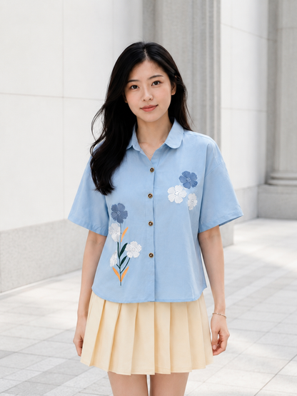 Loka Flower Cotton Shirt - Blue