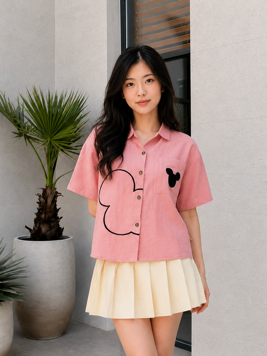 Mouse Button Cotton Shirt - Pink