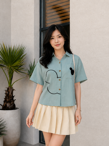Mouse Button Cotton Shirt - Mint
