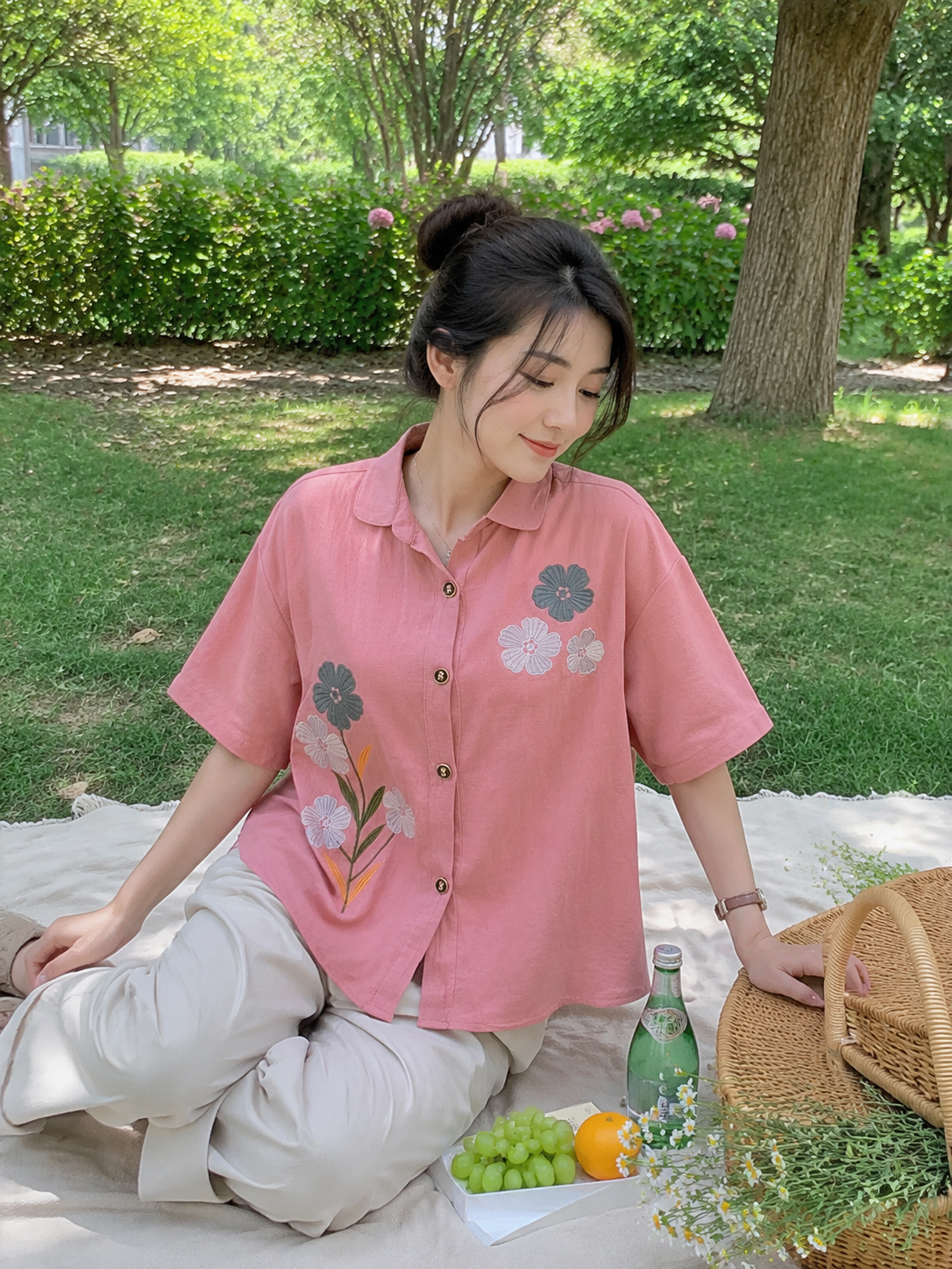 Loka Flower Cotton Shirt - Pink