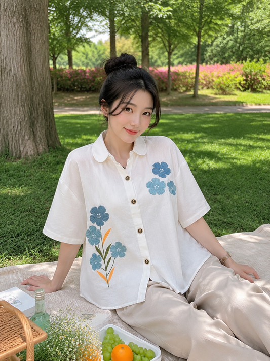Loka Flower Cotton Shirt - White