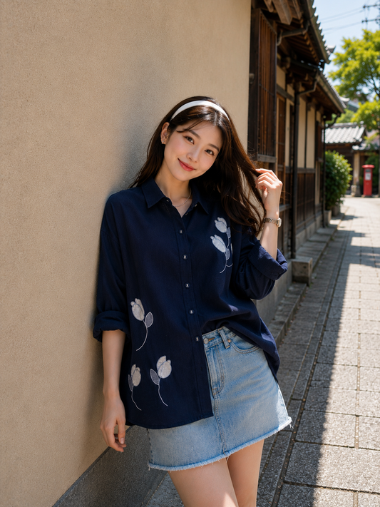 Sona Button Cotton Longsleeve - Navy