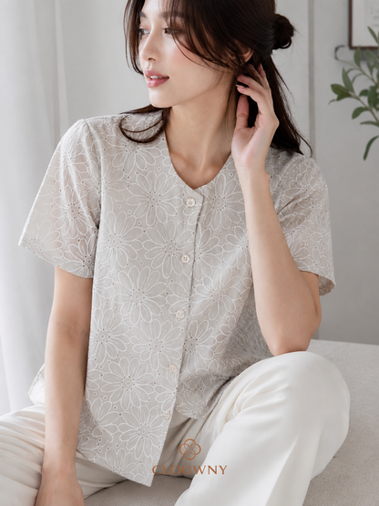 Forest Button Embroidery Blouse - Sage Green