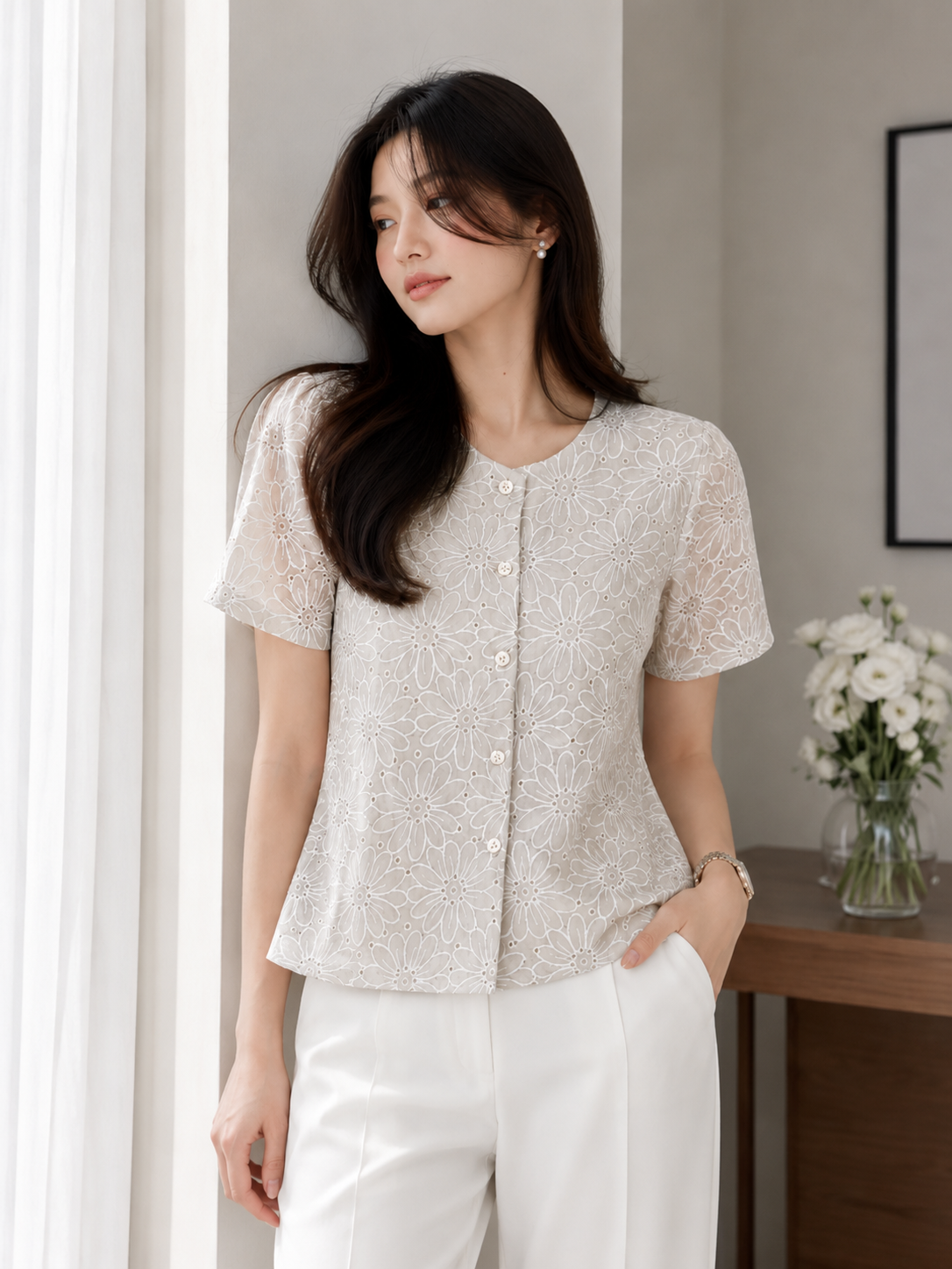 Forest Button Embroidery Blouse - Sage Green