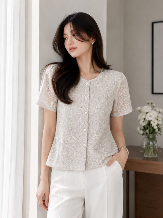 Forest Button Embroidery Blouse - Sage Green