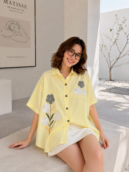 Loka Flower Cotton Shirt - Yellow