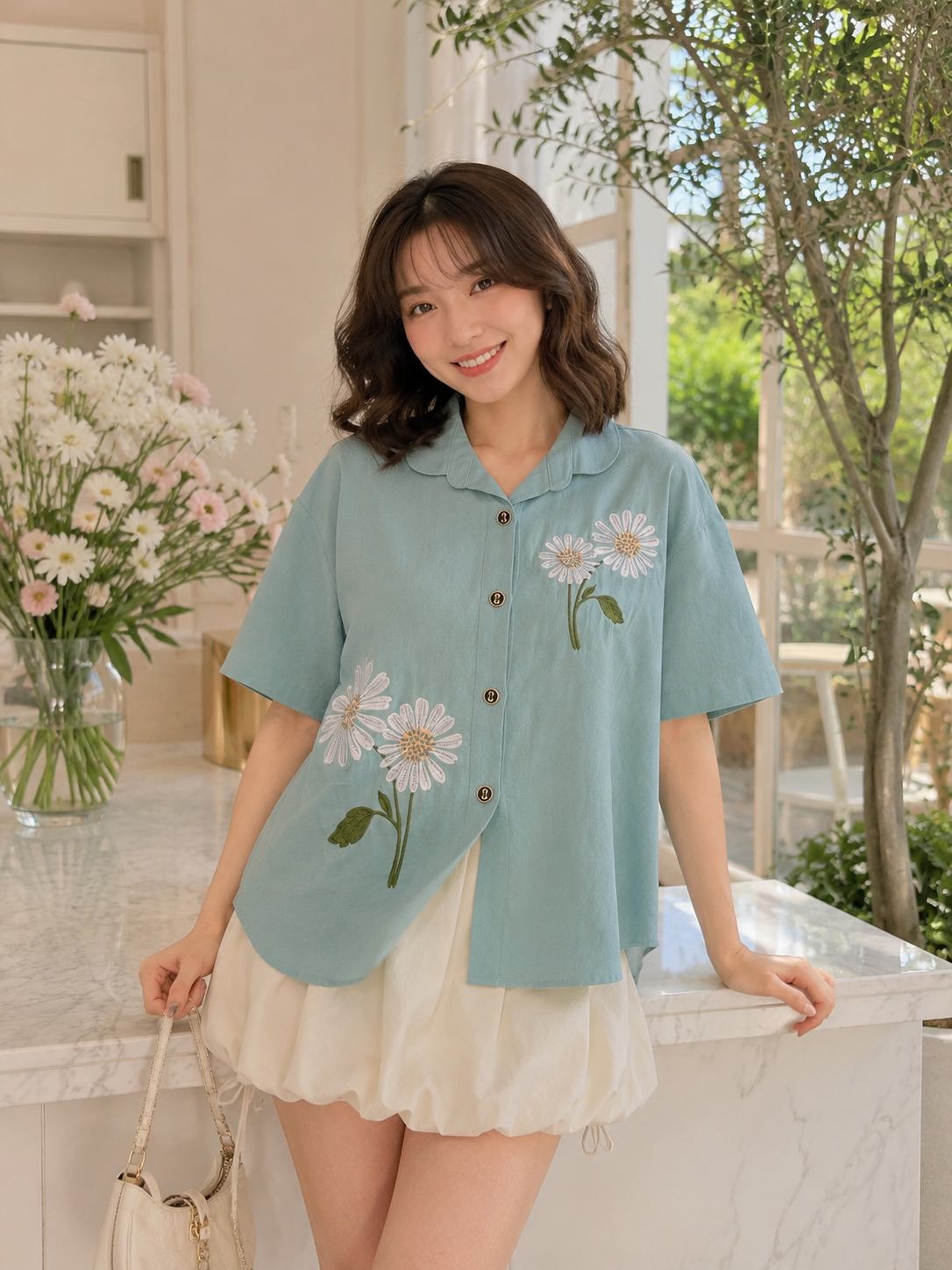 Sheryl Flower Cotton Shirt - Mint