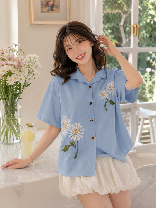 Sheryl Flower Cotton Shirt - Blue