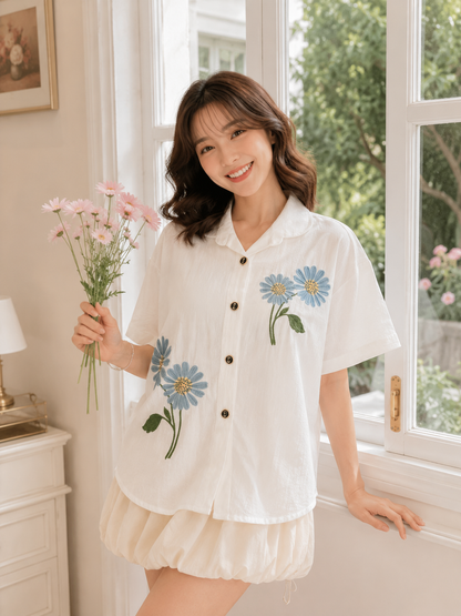 Sheryl Flower Cotton Shirt - White