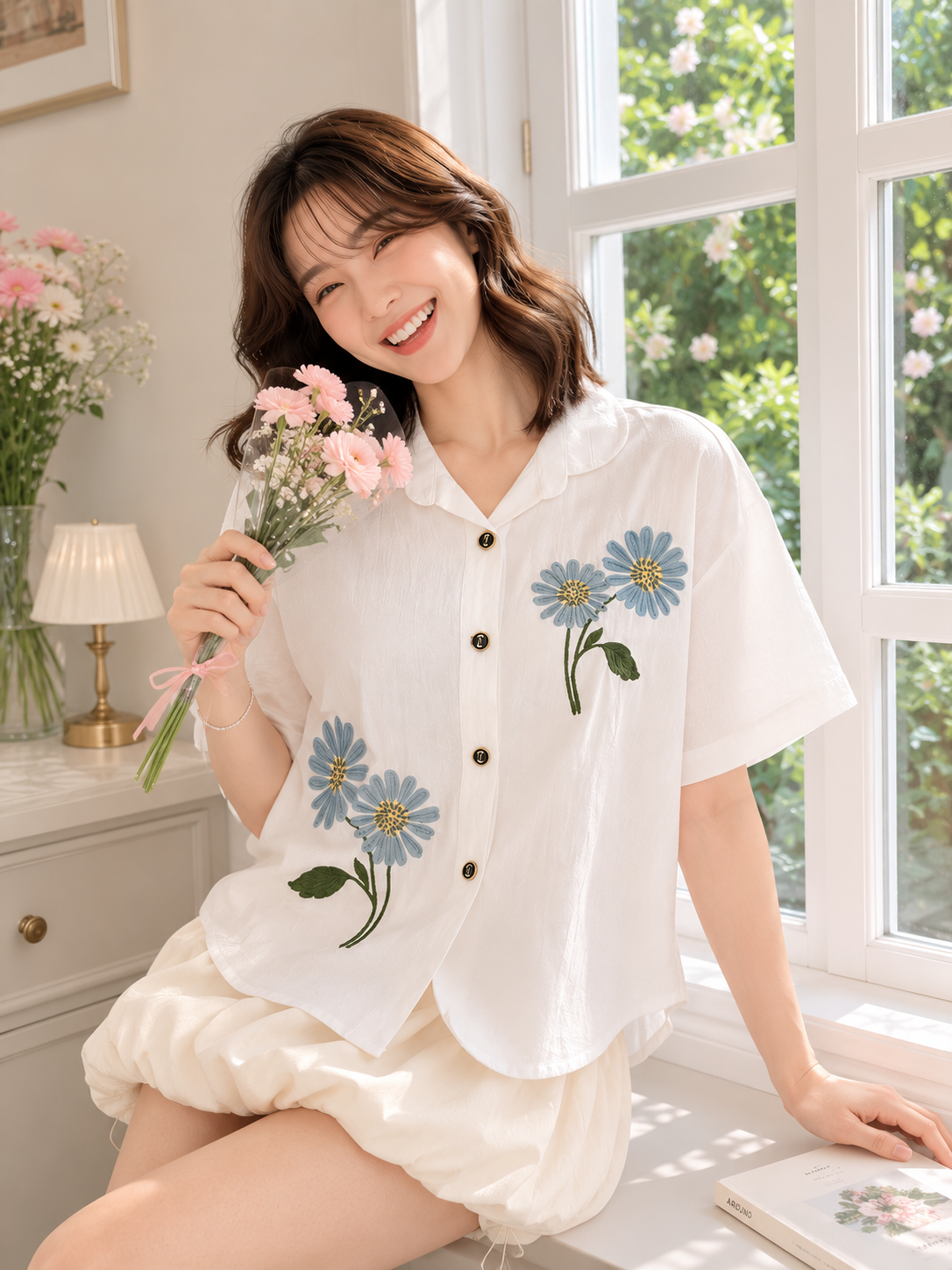 Sheryl Flower Cotton Shirt - White