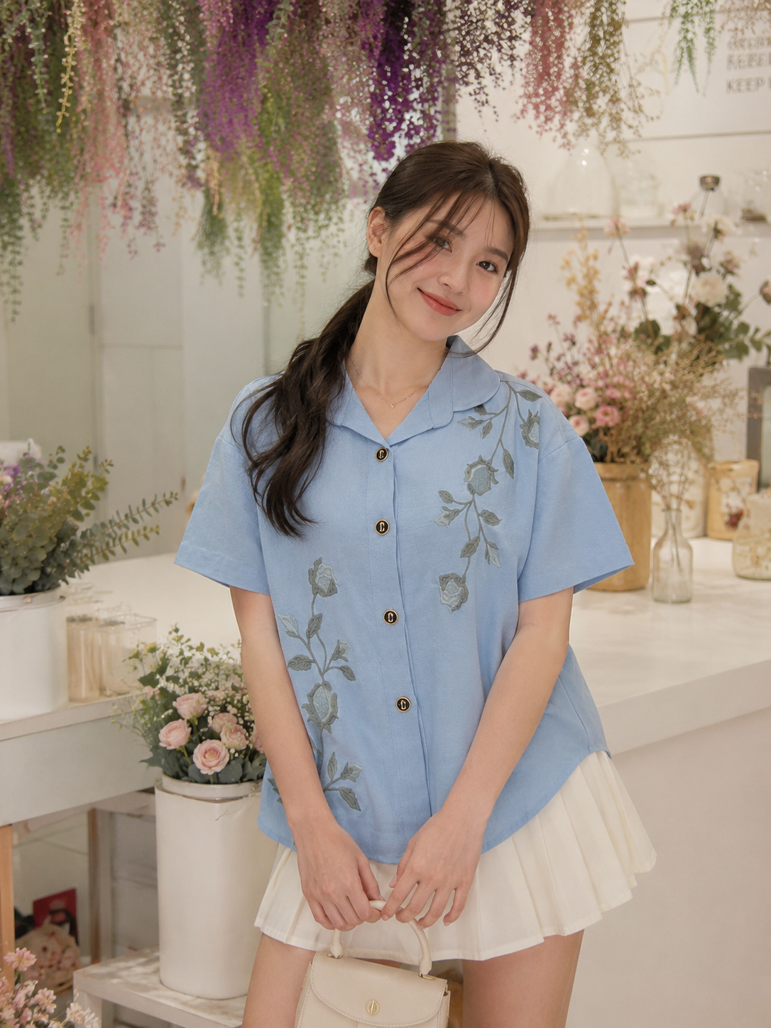 Solvi Flower Cotton Shirt - Blue