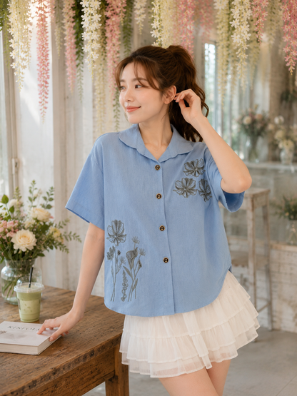 Valentina Button Cotton Shirt - Blue