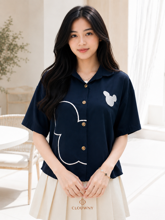 Mouse Button Cotton Shirt - Navy
