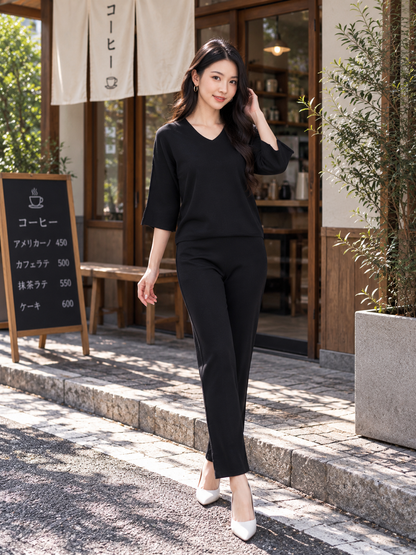 Dreson Vneck Knit Set - Black