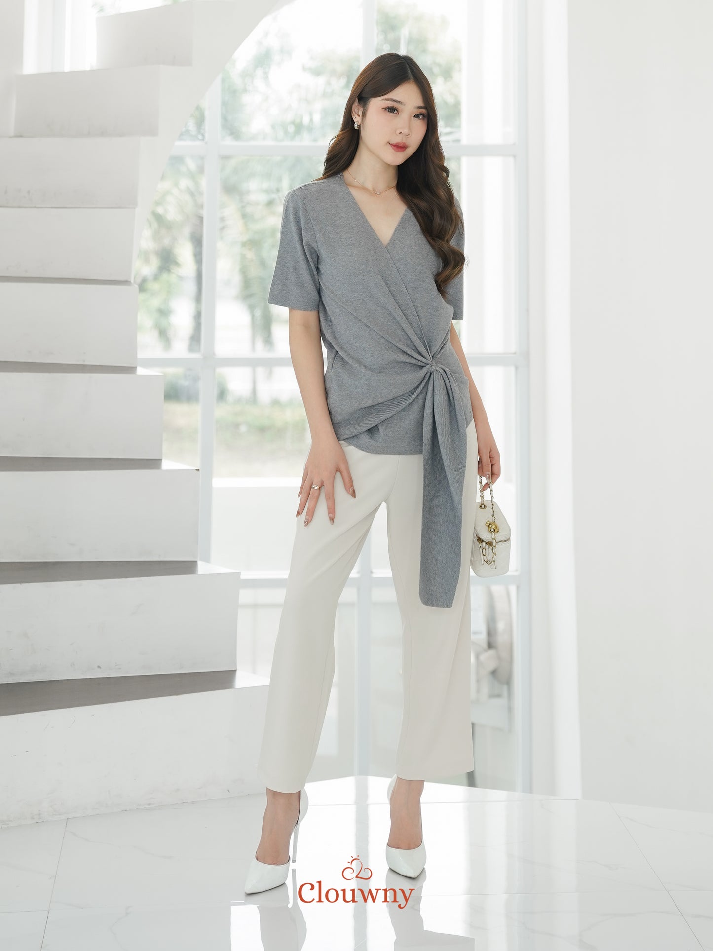Yala Bow Knit Top - Grey