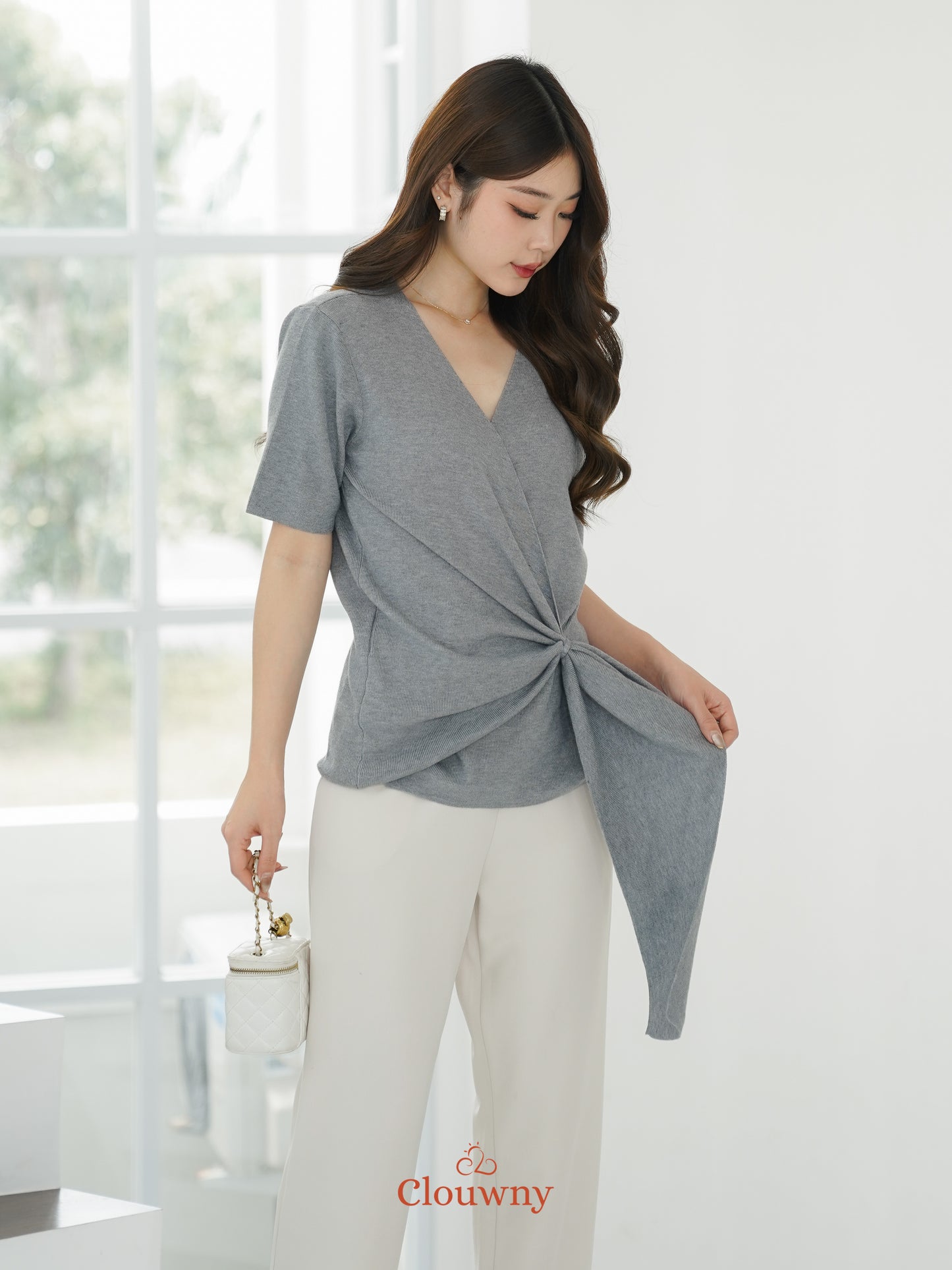 Yala Bow Knit Top - Grey