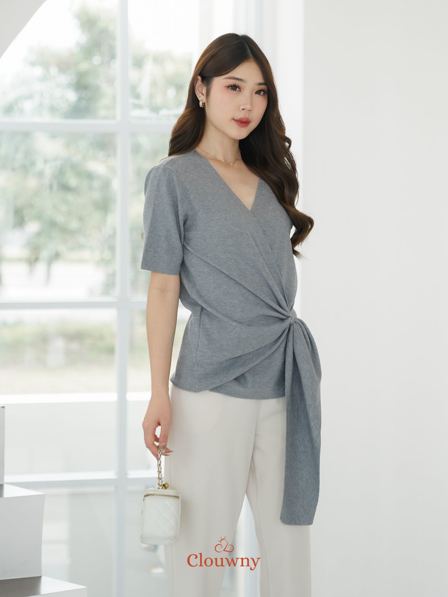 Yala Bow Knit Top - Grey