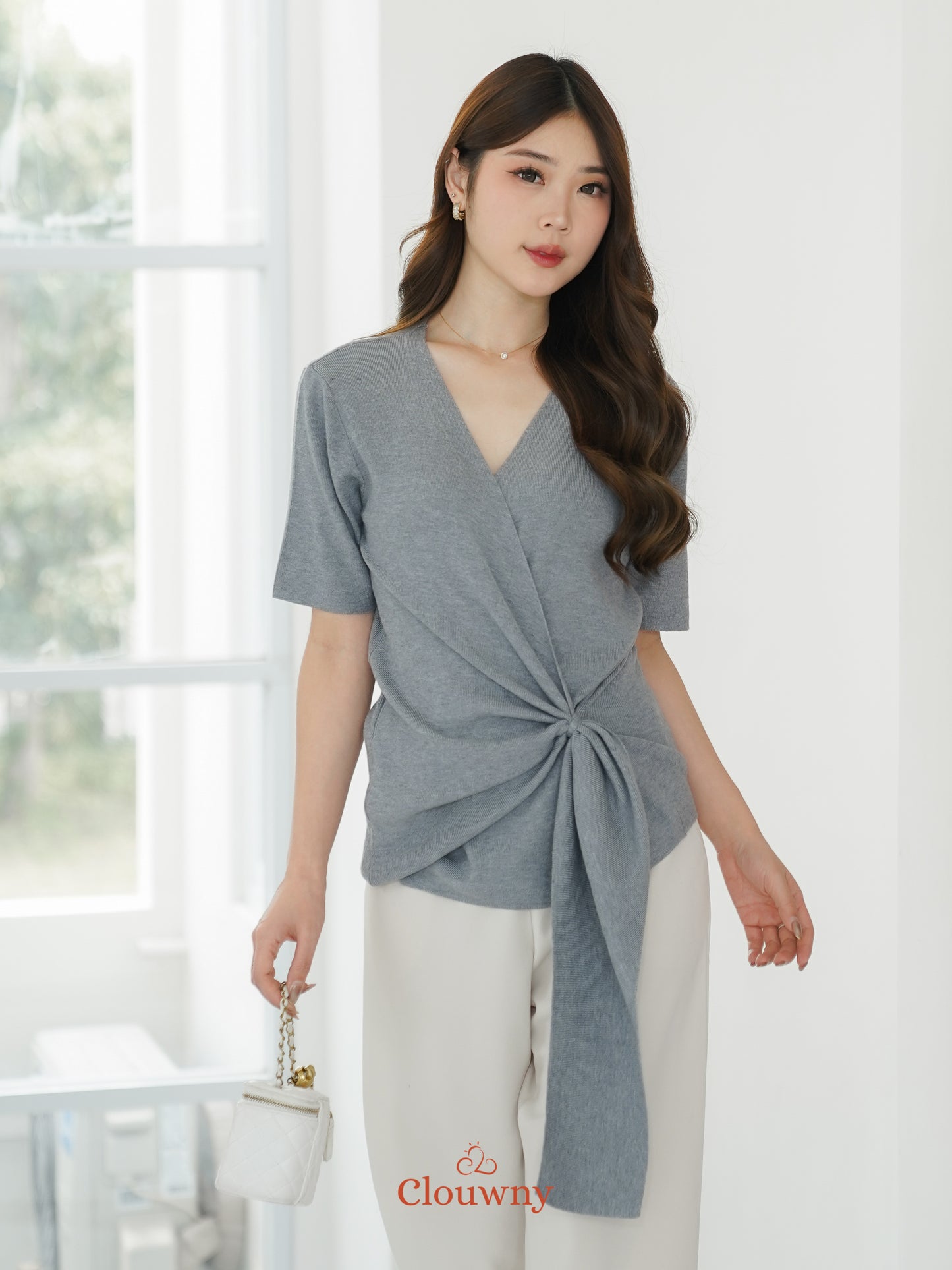 Yala Bow Knit Top - Grey