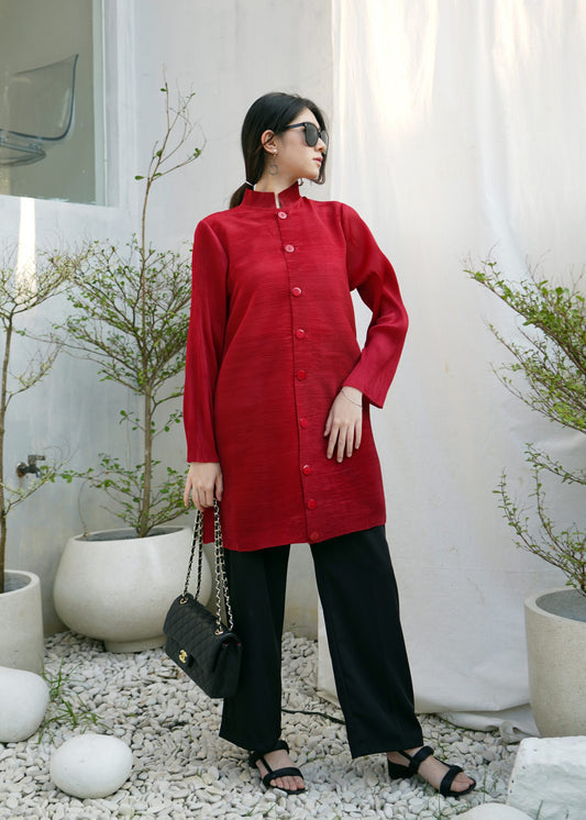 Gravity Button Pleats Tunik - Maroon