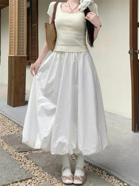 Elowen Ballon Skirt - White Polka