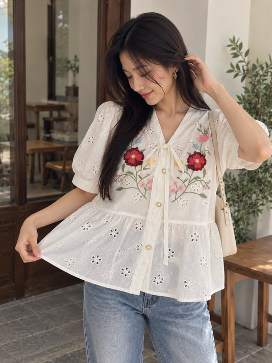 Vivin Embroidery Cotton Blouse - White